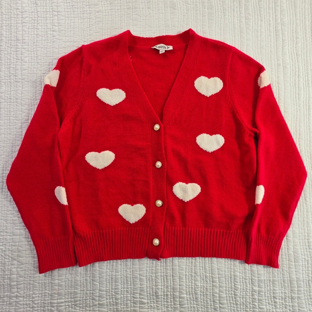 Nanette Lepore Red Heart Cardigan Pearl Button Lovecore Coquette Soft Girl Sz L